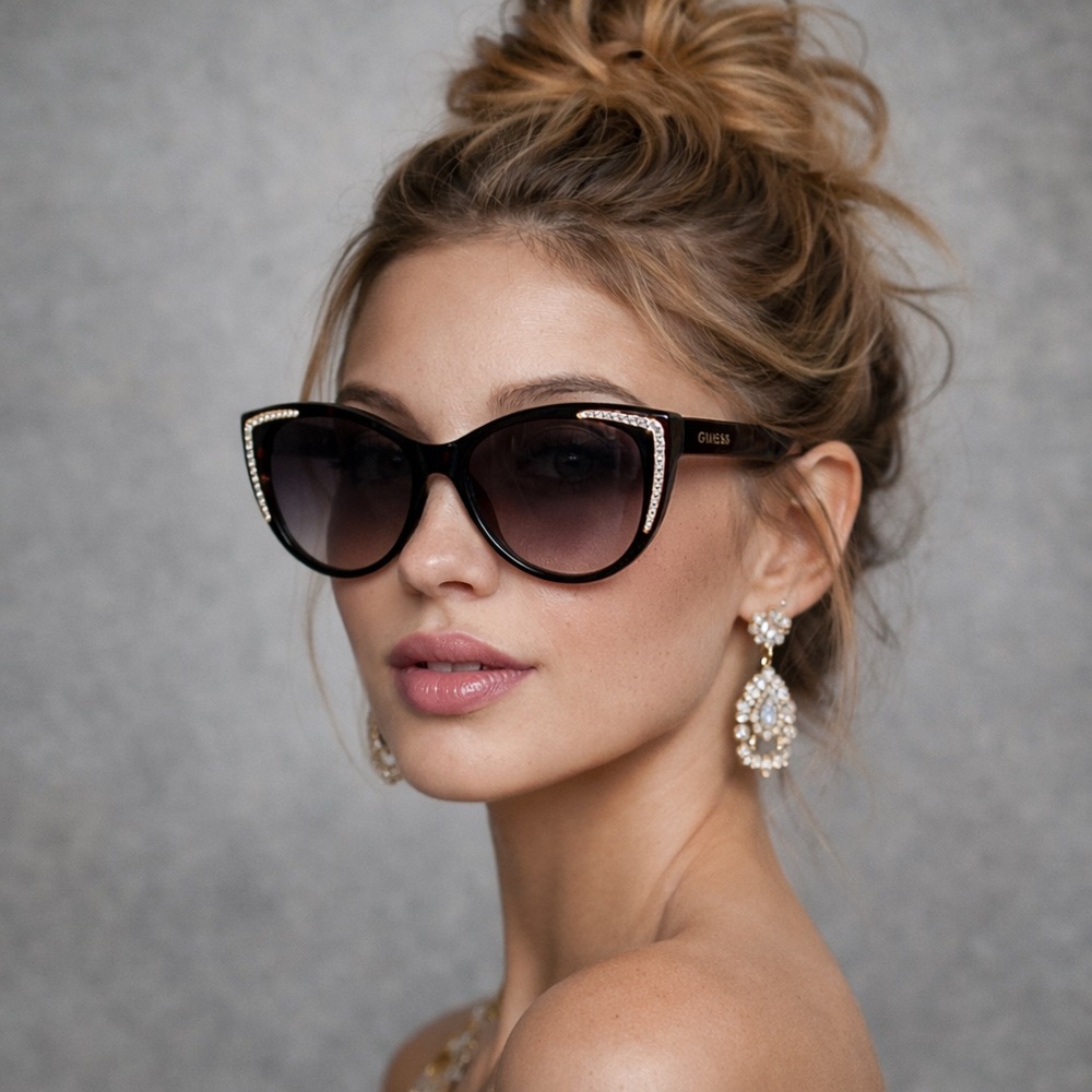 GUESS Rhinestone Cat Eye Sunglasses Tortoiseshell Brown Gradient Lenses